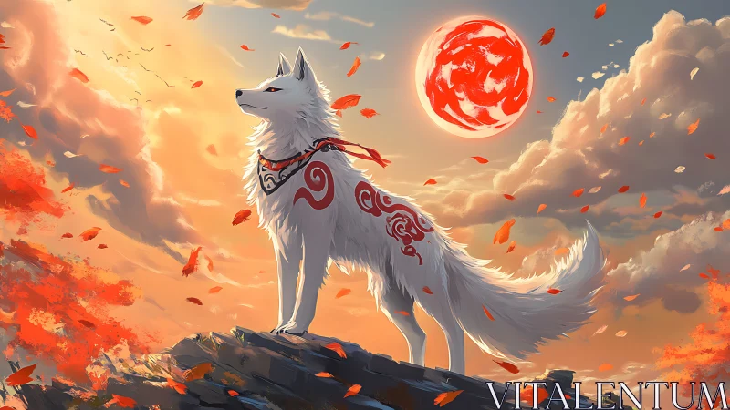 Mythic white fox beneath swirling crimson sun at dusk.