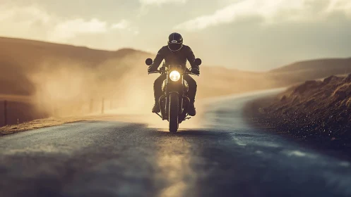 Sunlit motorbike ride along a quiet, winding country road.