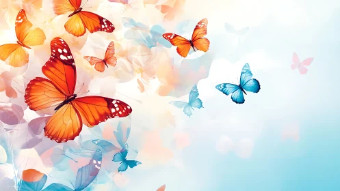 Sunrise kaleidoscope of drifting orange and blue butterflies.