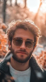Bearded man in sunglasses stands in warm backlit forest