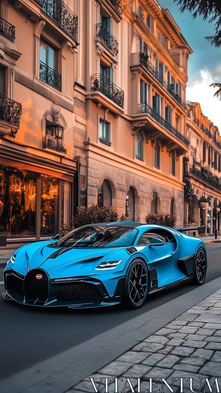 Azure hypercar prowls sunlit boulevard of grand facades.