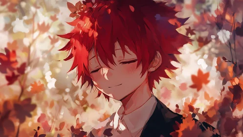 Red-haired youth amid painterly autumn bokeh field.