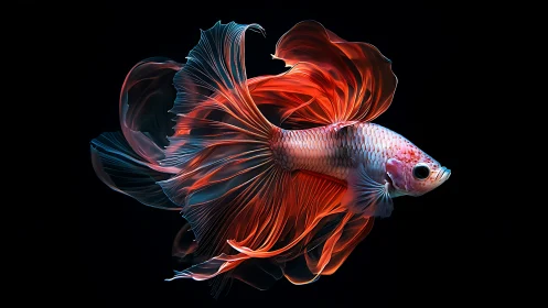 Betta fish with flowing red fins on black background.