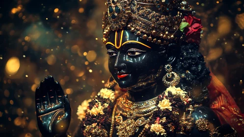 Divine black idol in ornate gold regalia amid warm bokeh.