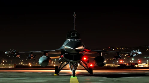 Stealth fighter jet waits on illuminated runway at night.