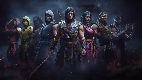 Group of armored fantasy fighters standing in smoky darkness