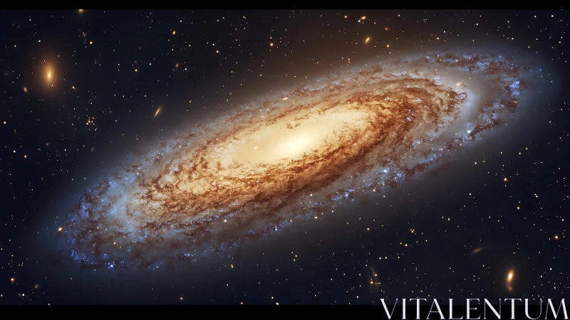 Spiral galaxy panorama with luminous golden core in space.