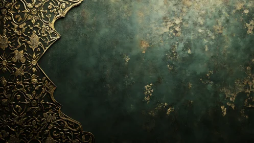 Ornate gilded arabesque border contrasts with aged teal wall