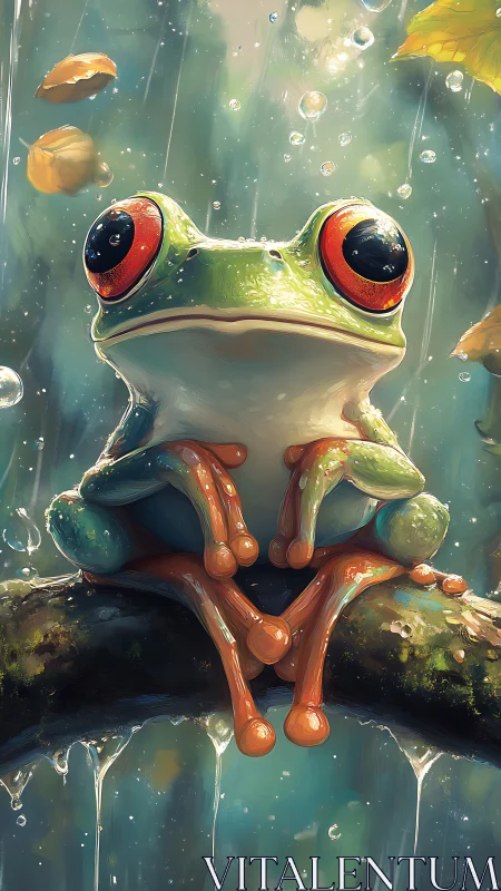 Digital depiction shows red eyed frog perched on wet branch