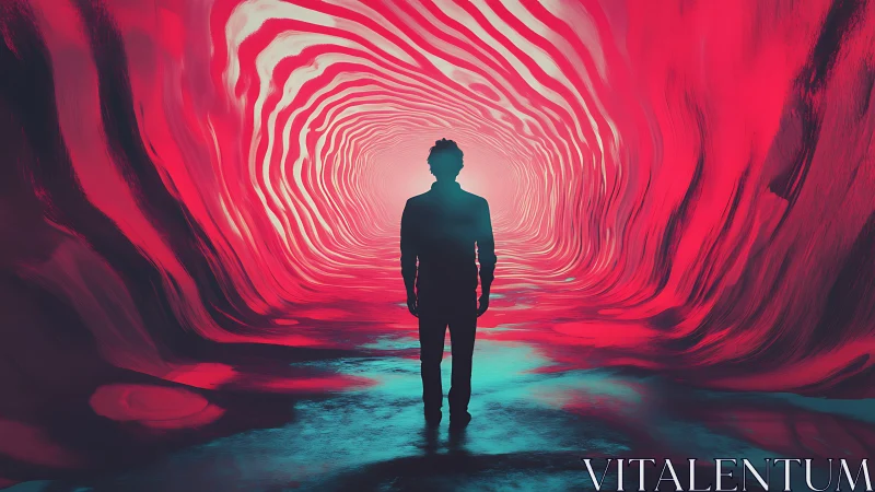 Silhouette stands before luminous red tunnel of swirling light