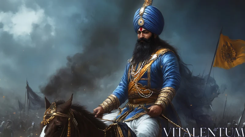 Sikh cavalry leader rides forward through dense battlefield smoke