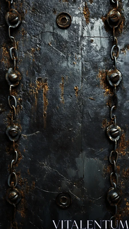 Weathered iron door with heavy rusted chains.