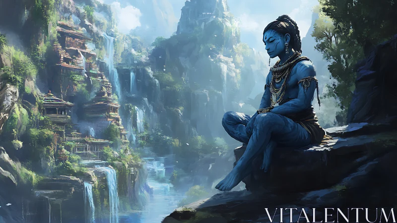 Blue meditative deity overlooks misty waterfall temples