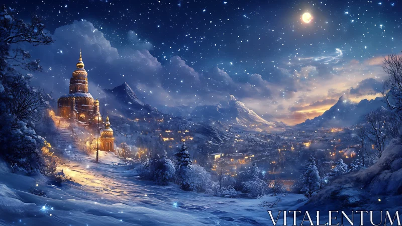 Winter mountain town with illuminated domed hilltop structure.