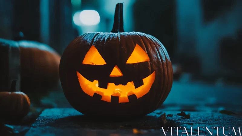Jack o’ lantern grins wickedly in a moody alleyway glow.