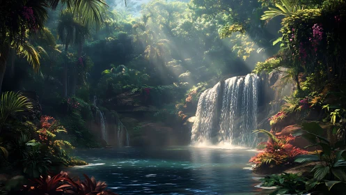 Sunlit jungle waterfall cascades into a tranquil emerald pool