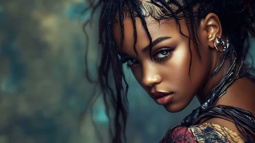 Digital painting portrait with braided cyber-organic detailing.