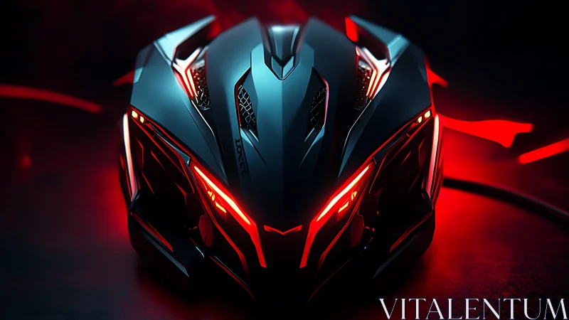 Cybernetic gaming helmet glows with red neon circuitry.