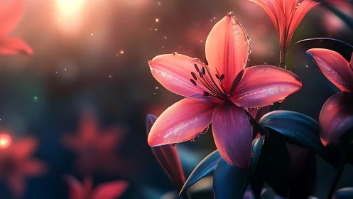 Luminescent Lily Petals with Dewdrops Against Warm Glow.