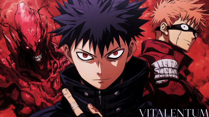 Three stylized characters stand before a red textured background