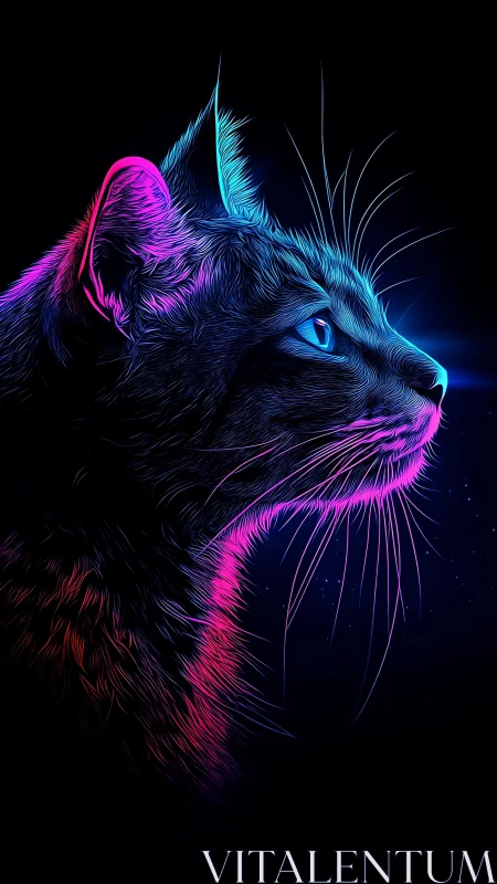 Neon edge-lit feline profile rendered against black field