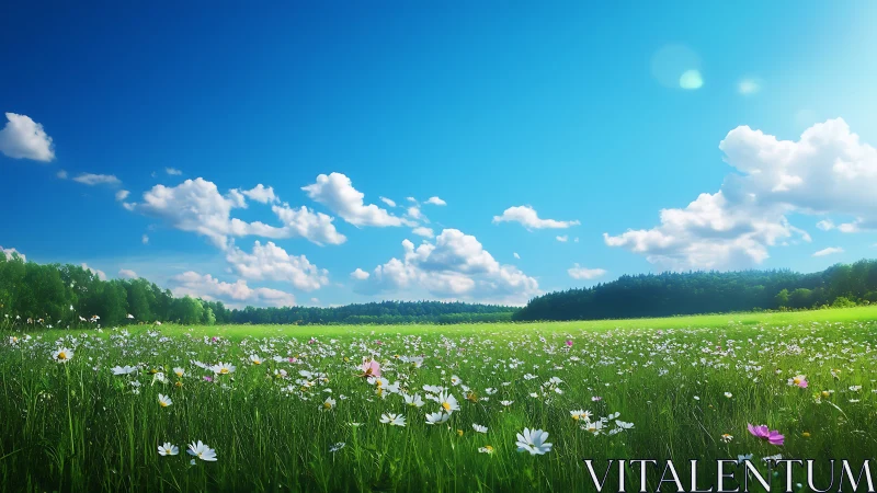 Sunlit wildflower meadow stretches under vivid blue sky.