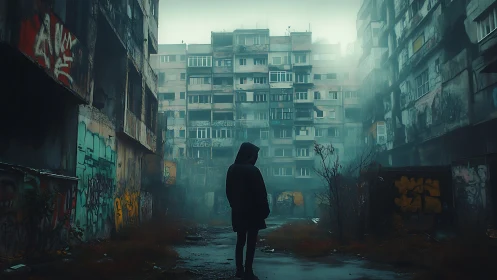 Hooded figure in foggy abandoned apartment courtyard scene.
