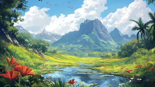 Sunlit mountain valley opens into a calm, flowered stream