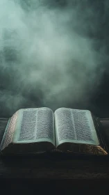 Open Bible rests on wooden surface under dense rising fog