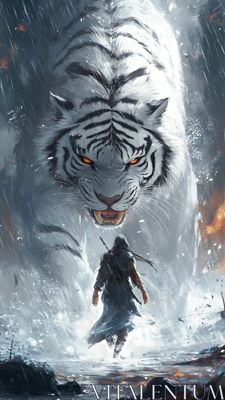 Lone wanderer meets a towering white tiger spirit in snow.