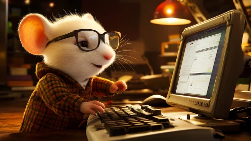 Curious little mouse happily types away at a cozy computer desk