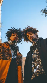 Two young men pose in streetwear against clear blue sky