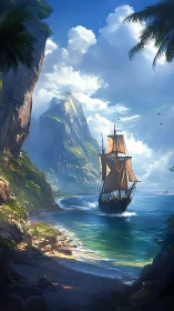 Tall ship at coastal cove with limestone formations.