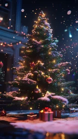 Illuminated outdoor Christmas tree with snow and presents.