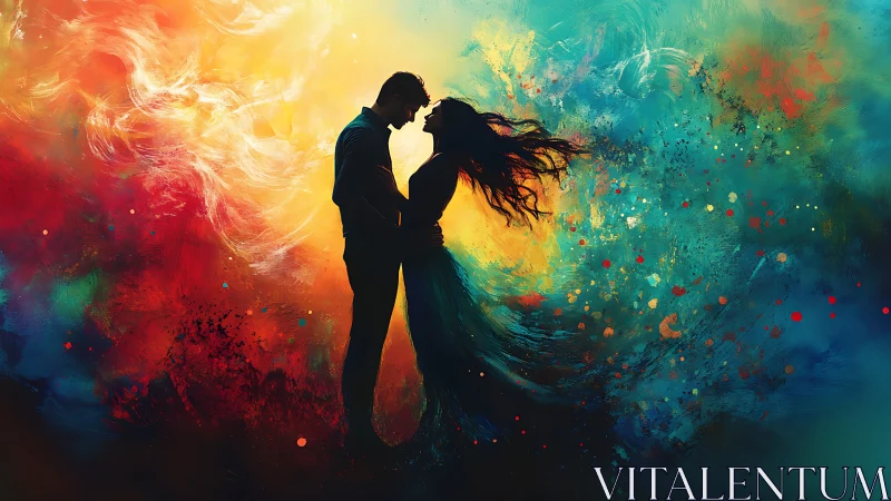 Silhouetted couple shares an intimate kiss amid vibrant, colorful energy.