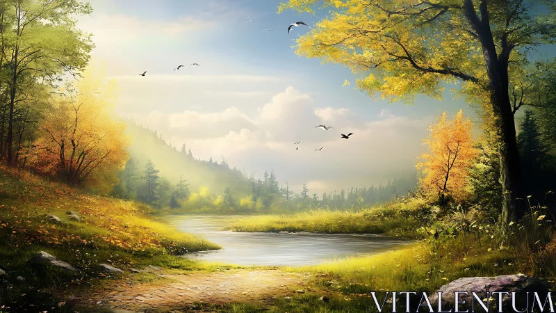 High-detail autumn riverside valley under soft diffused light