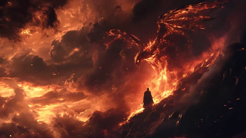 Inferno dragon unfurls above lone wanderer of the flame.