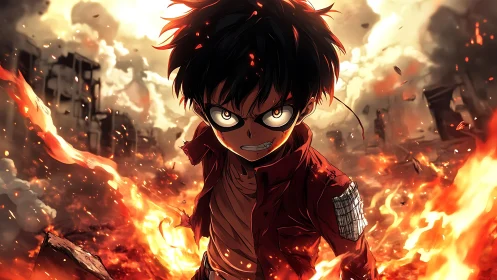 Fierce anime hero rising from firelit ruins with resolve.