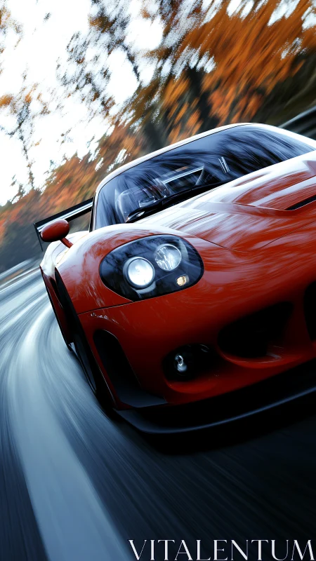 Red sports car slices apex under blurred autumn forest.