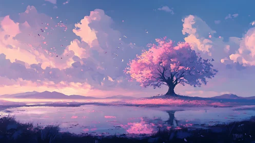 Solitary pink tree beside reflective water under clouded sky.