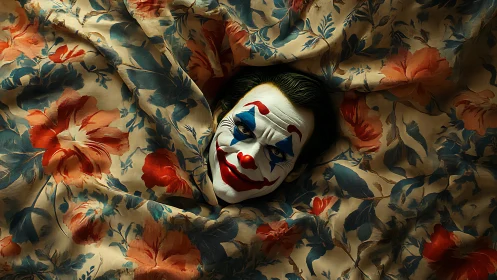 Clown face emerges from shadowed floral fabric folds.