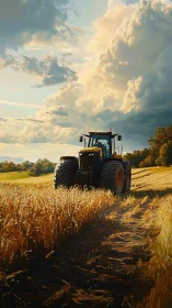 Golden evening tractor rolls gently through sunlit wheat fields