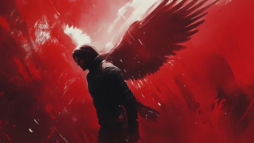 Fallen winged warrior walks through a storm of crimson light