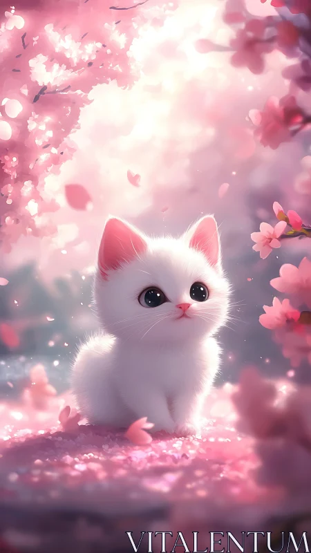 White kitten surrounded by glowing pink flowers and ethereal light particles