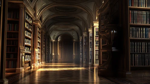 Long vaulted library corridor displays ordered wooden stacks