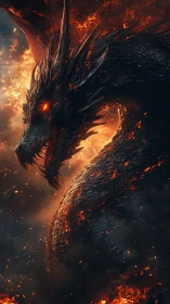 Volcanic dragon profile in dense fire and smoke field.