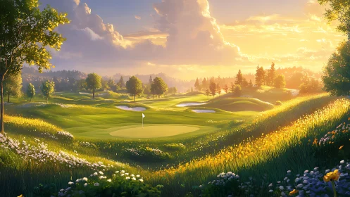 Golden hour golf course framed by wildflower meadow hills.