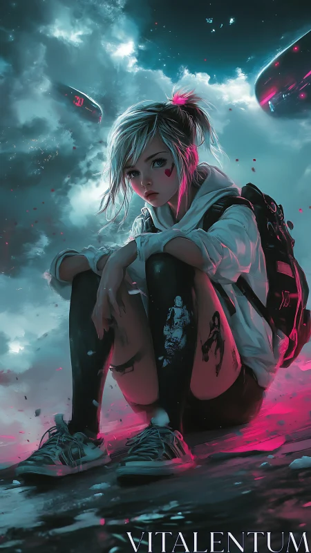 Cyberpunk street girl under neon skies rendered in concept art
