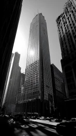 Glass facade skyscraper stands over shaded city street