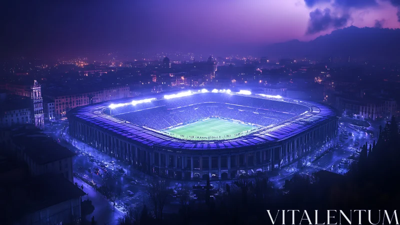 Nocturnal stadium bowl under violet atmospheric bloom.
